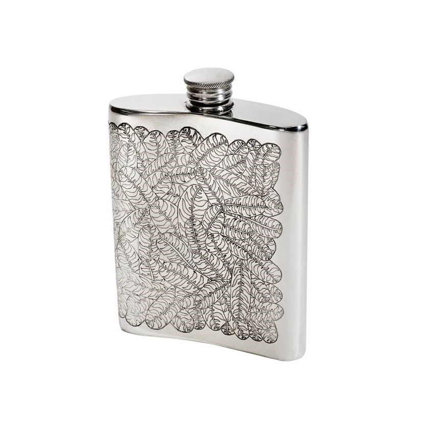 Personalised 6 oz Tiger Leaf Pewter Kidney Flask