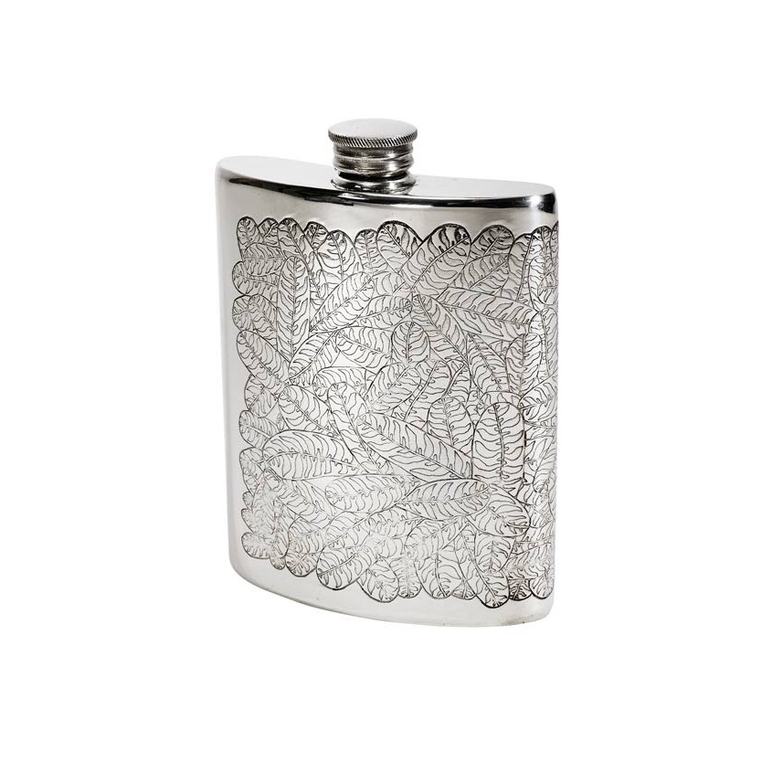 Personalised 6 oz Tiger Leaf Pewter Kidney Flask