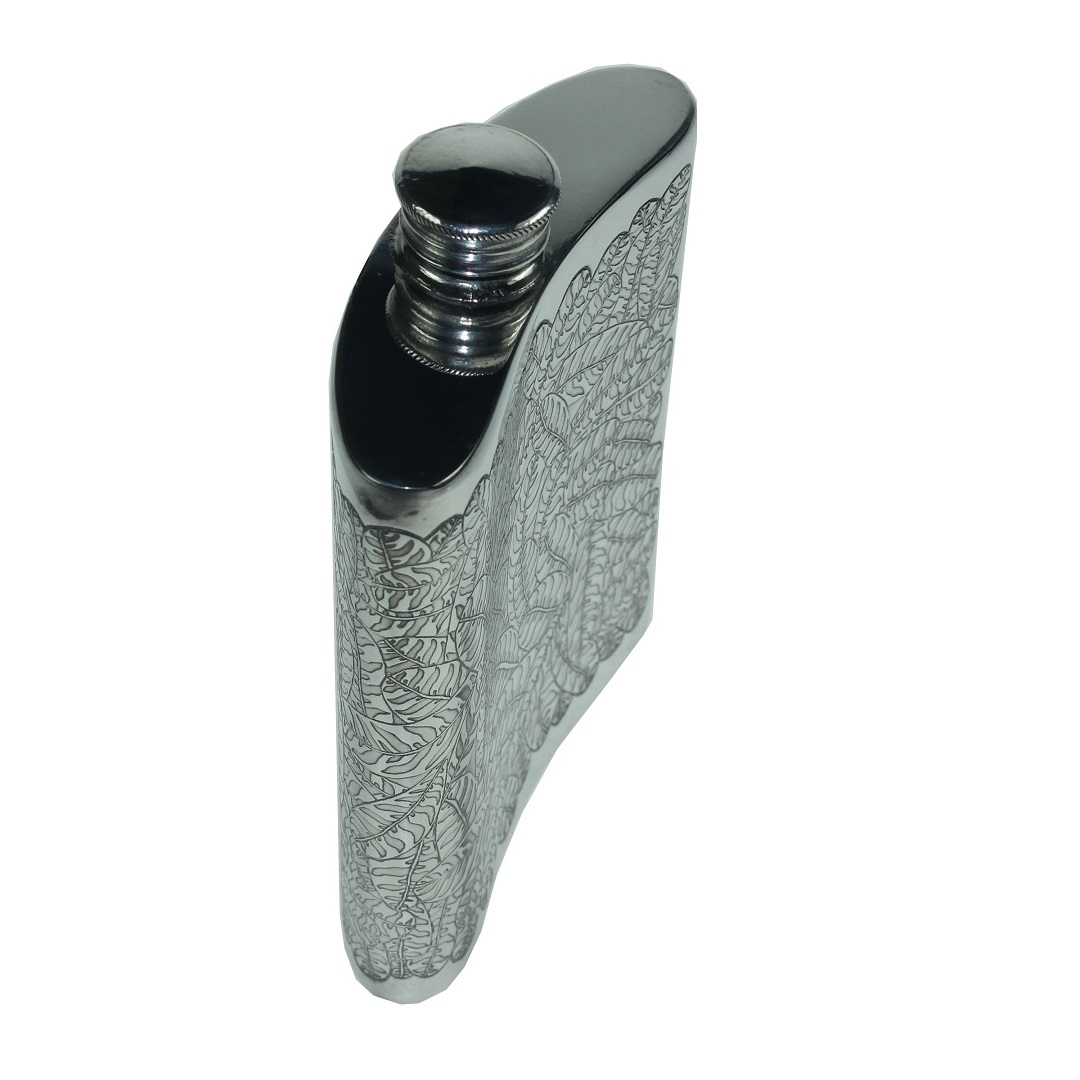 Personalised 6 oz Tiger Leaf Pewter Kidney Flask