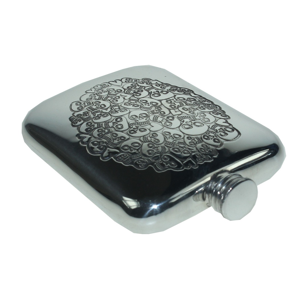 Personalised 6 oz Skull Heart Cluster Pewter Hip Flask