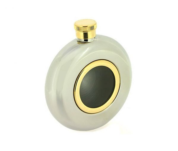 Round Window Engraved Hip Flask with Gold Trim, Presentation Box, FREE FUNNEL & FREE ENGRAVING