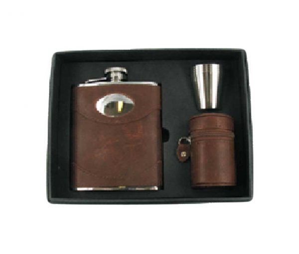 Brown Leather Engraved Hip Flask Gift Set with Free Engraving