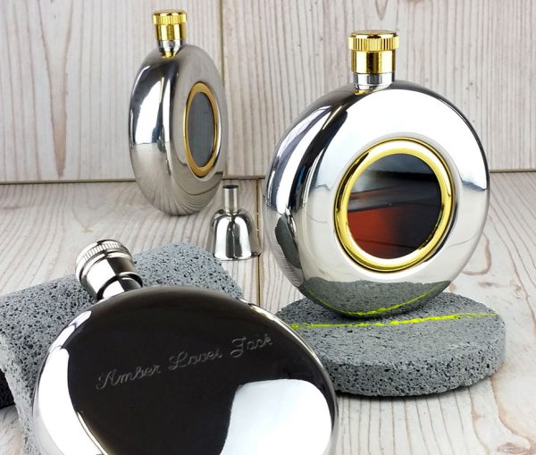Round Window Engraved Hip Flask with Presentation Box & FREE ENGRAVING